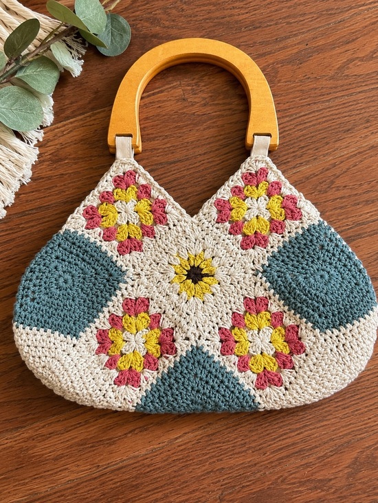 Handbags - Crochet Granny Square Floral Handbag Wood Handle Lined Boho Purse Cottagecore